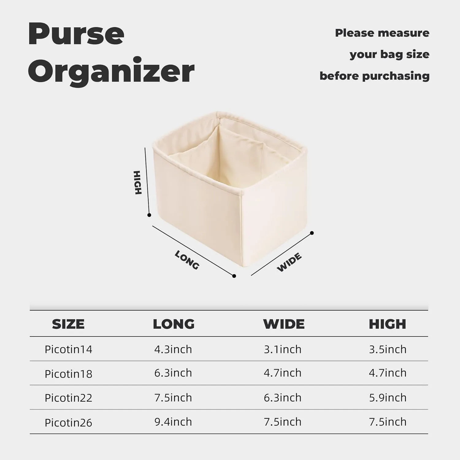 Purse Handbag Silky Organizer Insert Keep Bag Shape Fits Herme Picotin 14/18/22/26 bags, Luxury Handbag Tote