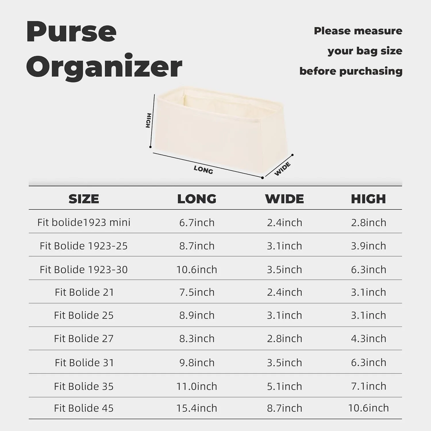 Purse Handbag Silky Organizer Insert Keep Bag Shape Fits Hermes Bolide 21/25/31/35/45 bags, Luxury Handbag Tote Lightweight Sturdy(1923-mini,Craie)