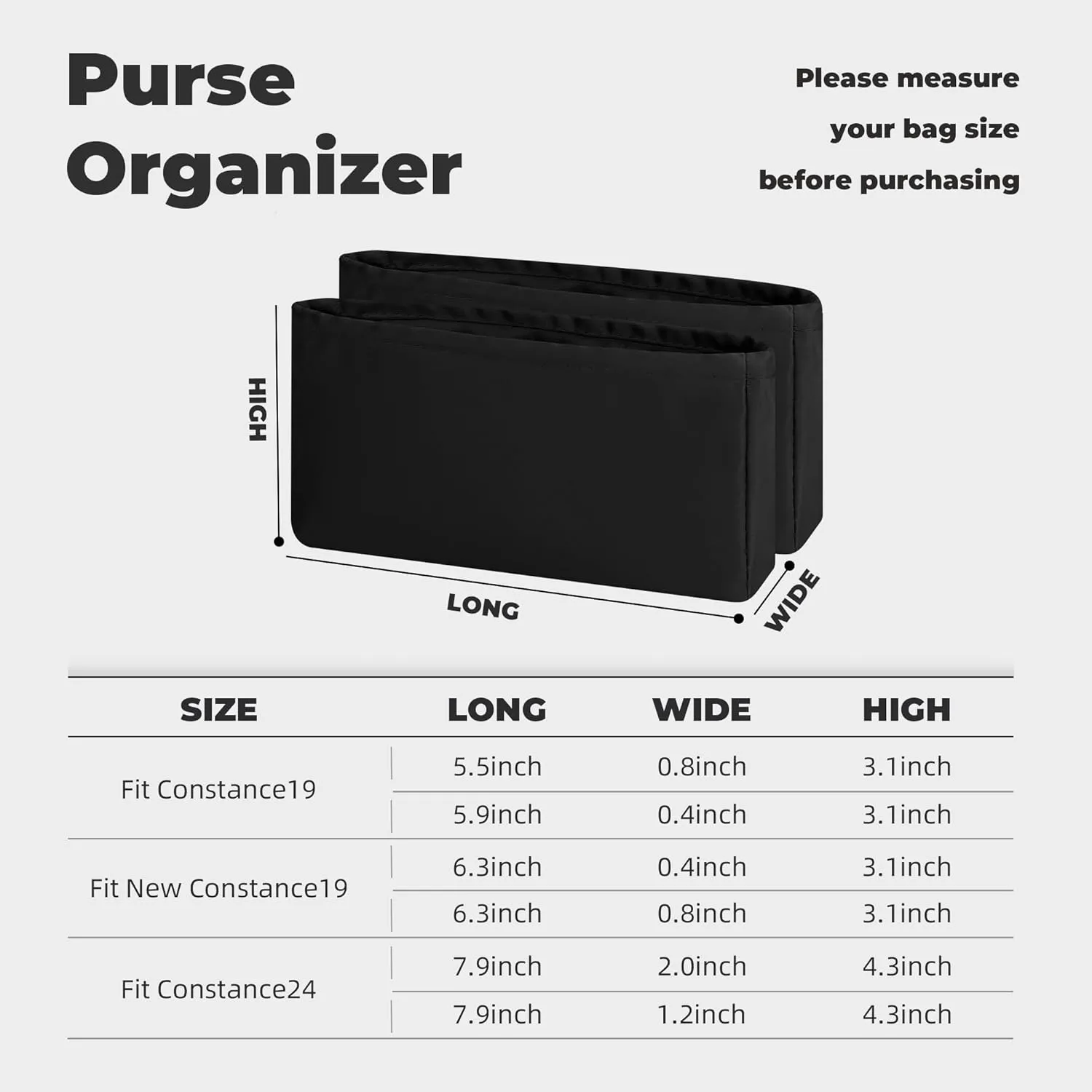 Purse Handbag Silky Organizer Insert Keep Bag Shape Fits Hermes Constance 19/New 19/24/New 24 Bags, Luxury Handbag Tote Lightweight Sturdy(New Constance19,Black)