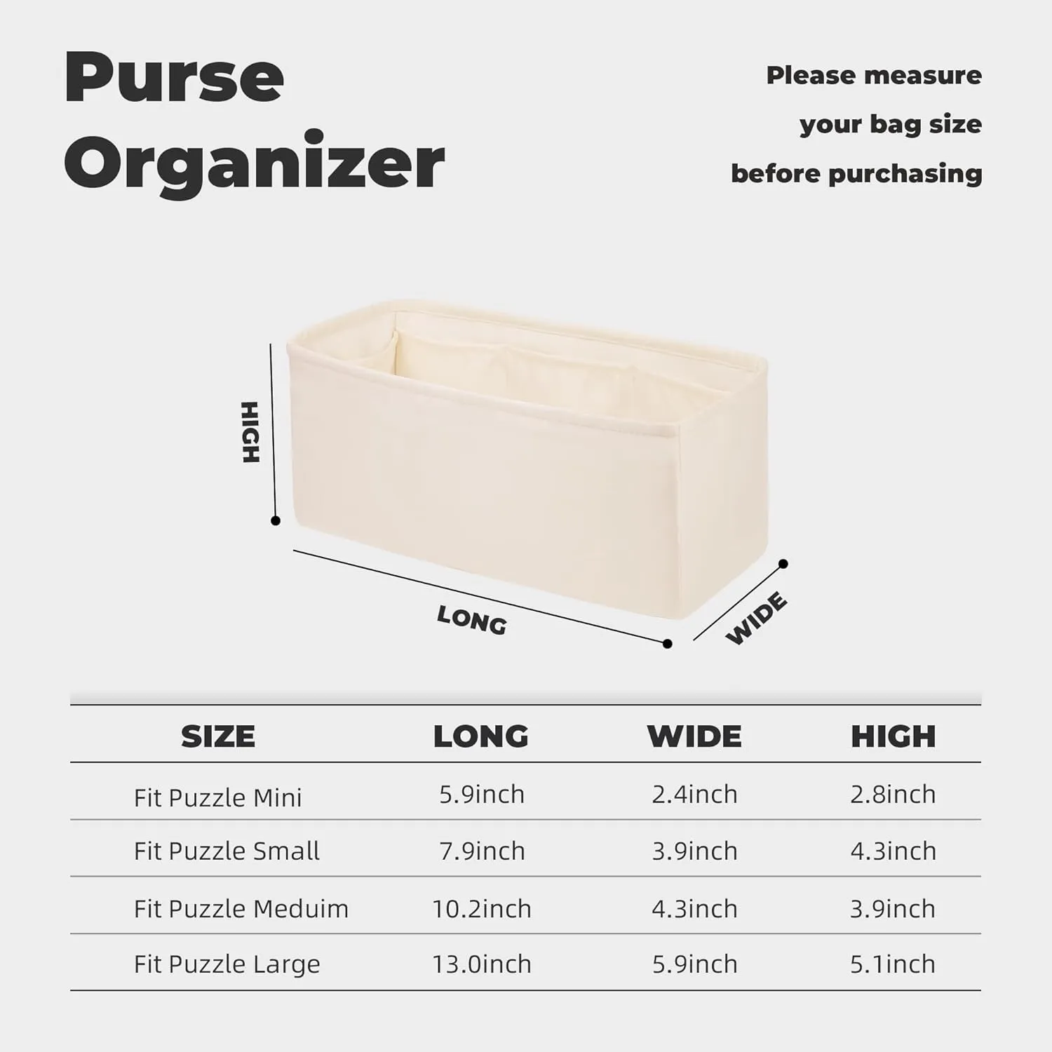 Purse Handbag Silky Organizer Insert Keep Bag Shape Fits Loewe Puzzle Mini/Small/Meduim/Large bags, Luxury Handbag Tote Lightweight Sturdy(Puzzle Meduim,Craie)