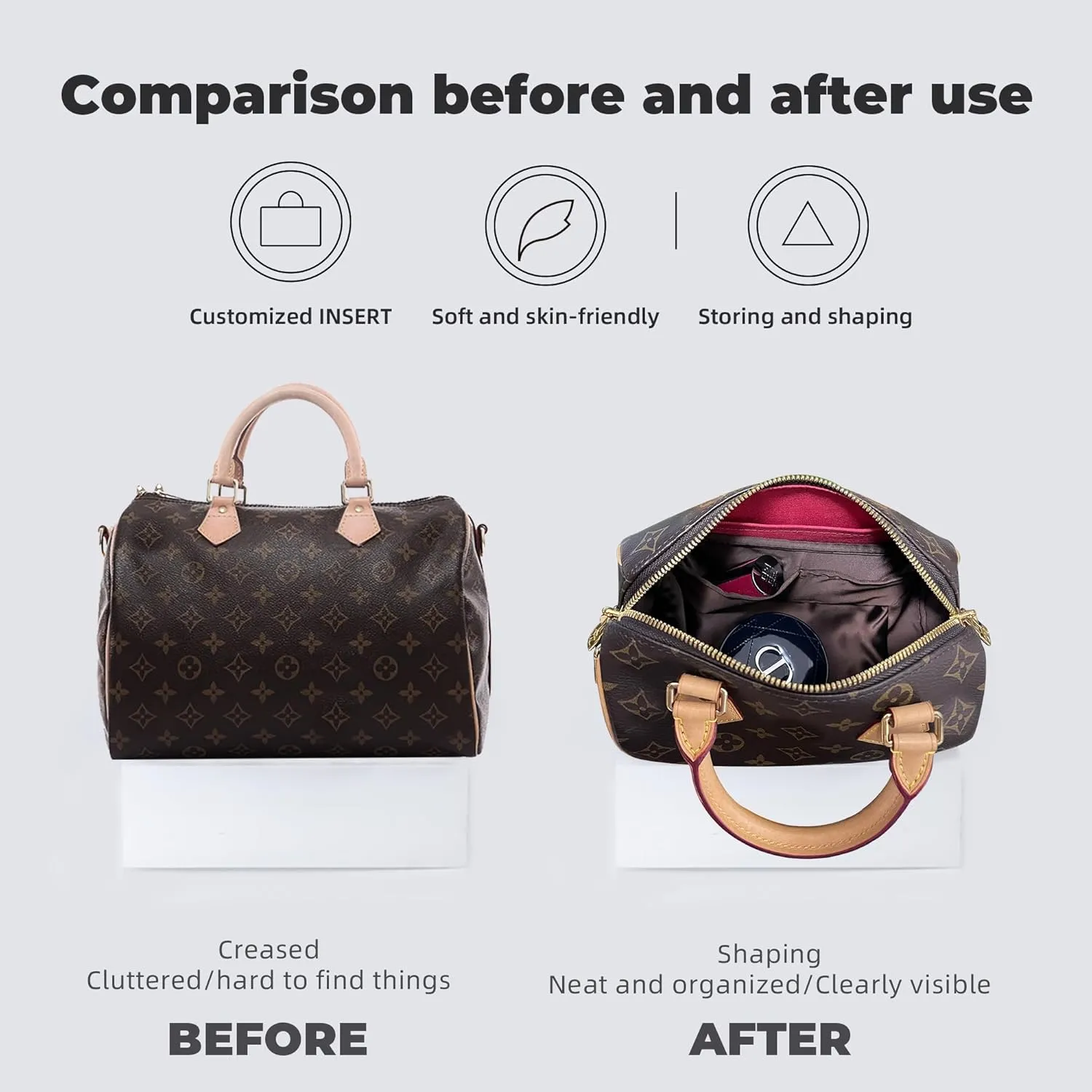 Purse Handbag Silky Organizer Insert Keep Bag Shape Fits LV Speedy 16/20/25/30/35/45 bags, Luxury Handbag Tote Lightweight Sturdy(Craie, Speedy 25)