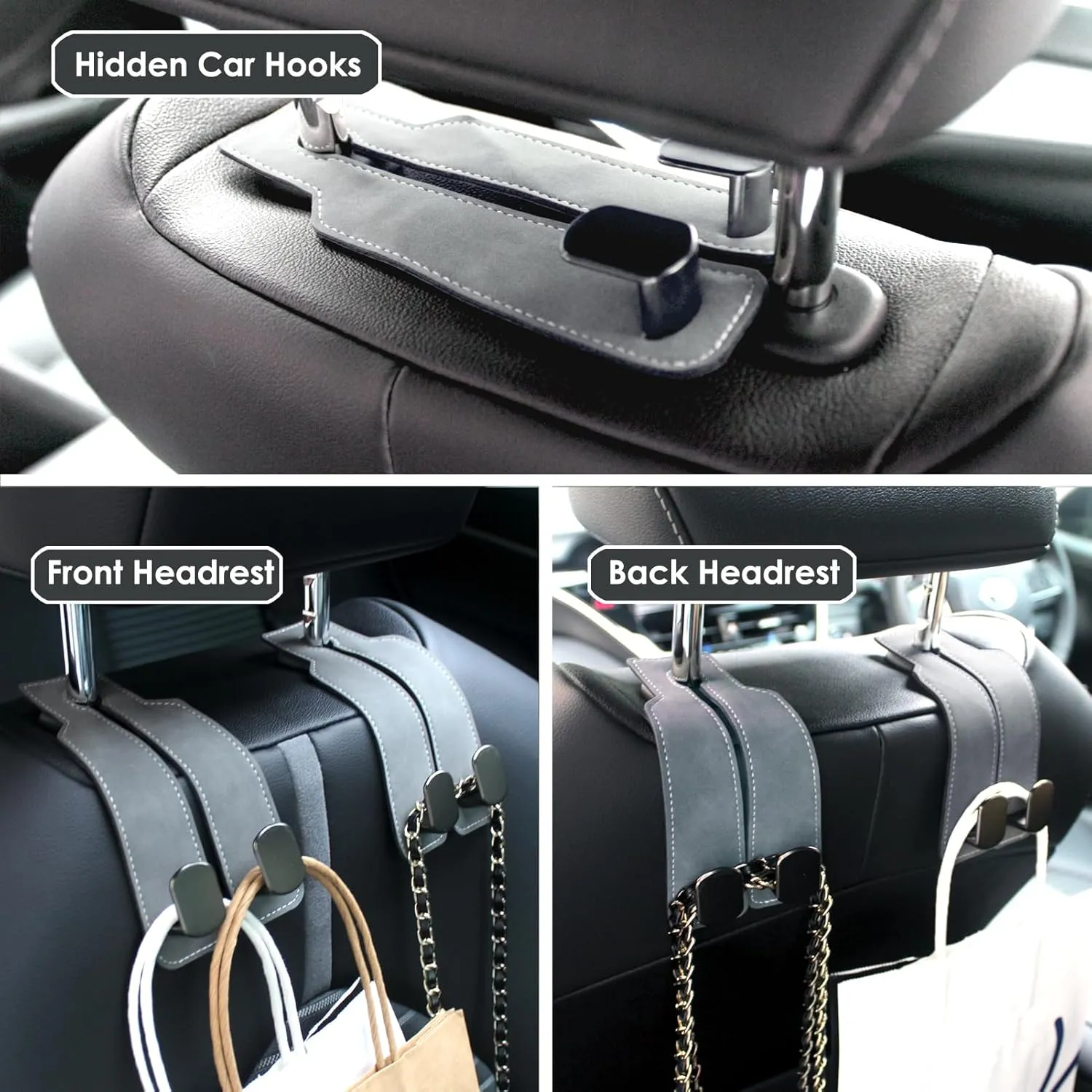 Purse Hook for Car, Thickened Leather Sturdy Metal Car Hooks for Purses and Bags Cute (Gray - 4 Pack)