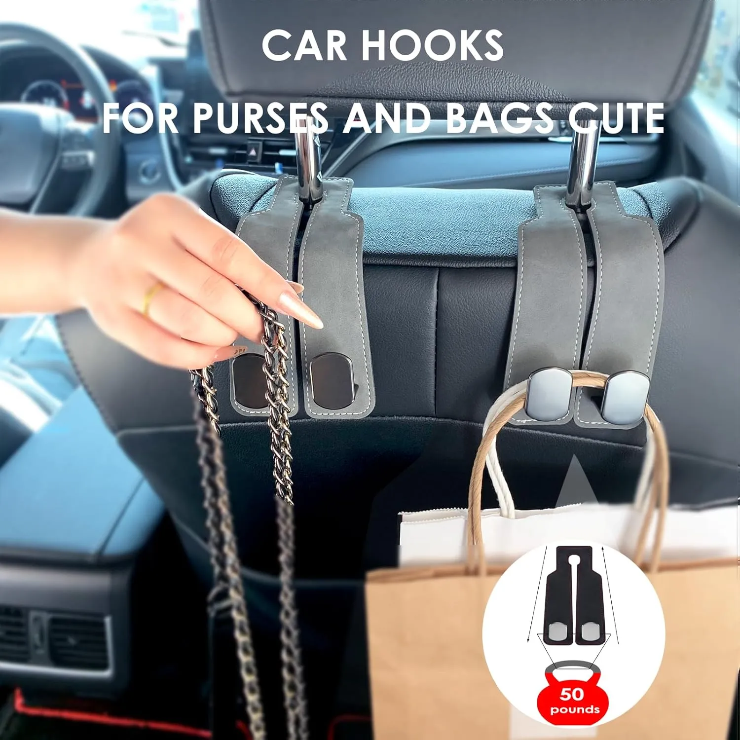 Purse Hook for Car, Thickened Leather Sturdy Metal Car Hooks for Purses and Bags Cute (Gray - 4 Pack)