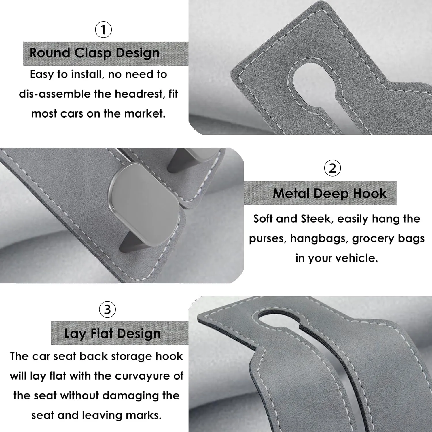 Purse Hook for Car, Thickened Leather Sturdy Metal Car Hooks for Purses and Bags Cute (Gray - 4 Pack)