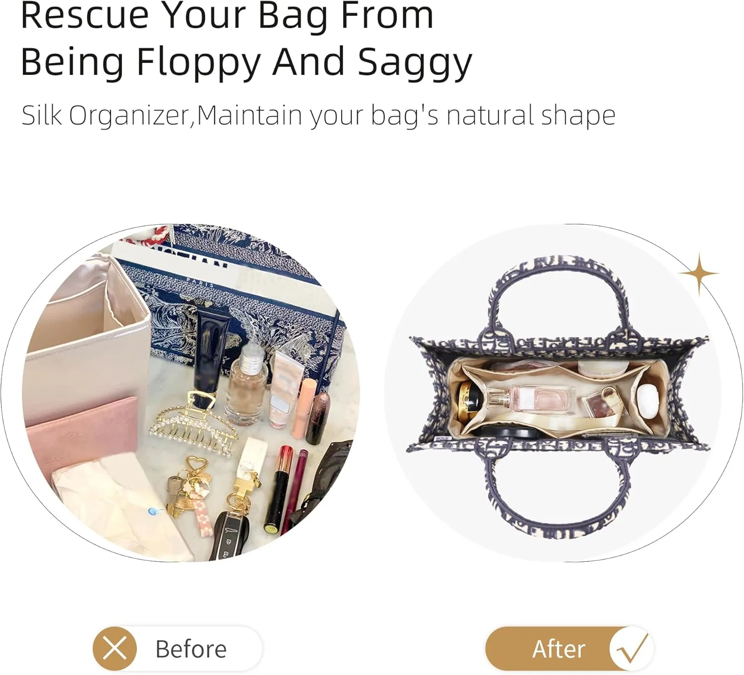 Purse Organizer for Dior Book Tote Mini/Small/Medium/Large,Silky Smooth Insert,Lightweight Bag in Bag,Luxury Handbag Storage Accessories(Small,Champagne)