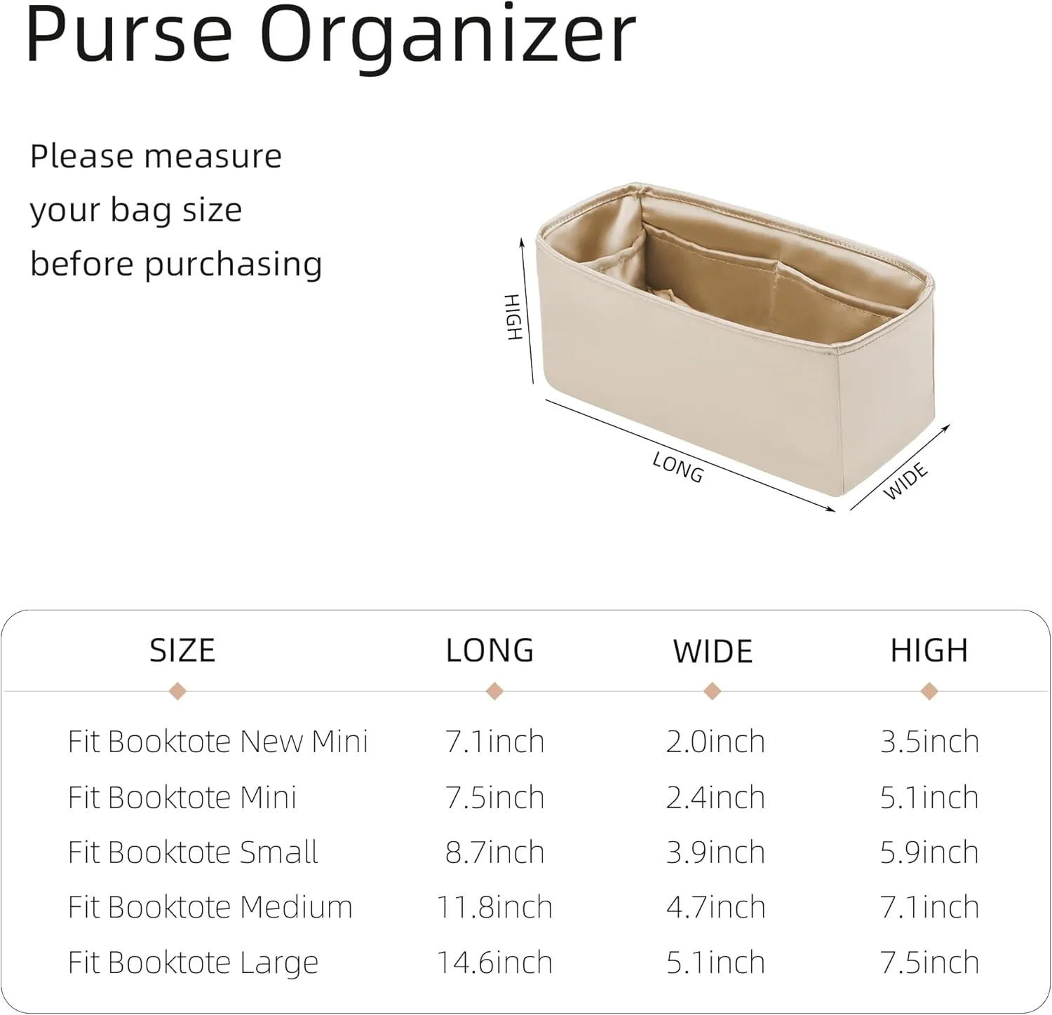 Purse Organizer for Dior Book Tote Mini/Small/Medium/Large,Silky Smooth Insert,Lightweight Bag in Bag,Luxury Handbag Storage Accessories(Small,Champagne)