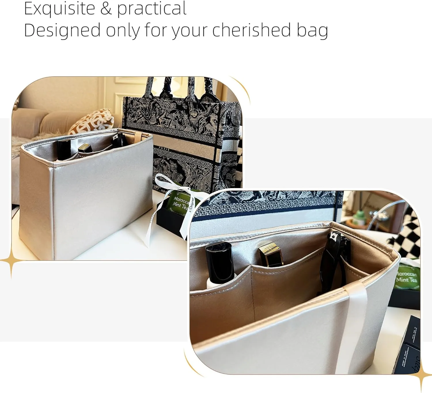 Purse Organizer for Dior Book Tote Mini/Small/Medium/Large,Silky Smooth Insert,Lightweight Bag in Bag,Luxury Handbag Storage Accessories(Small,Champagne)
