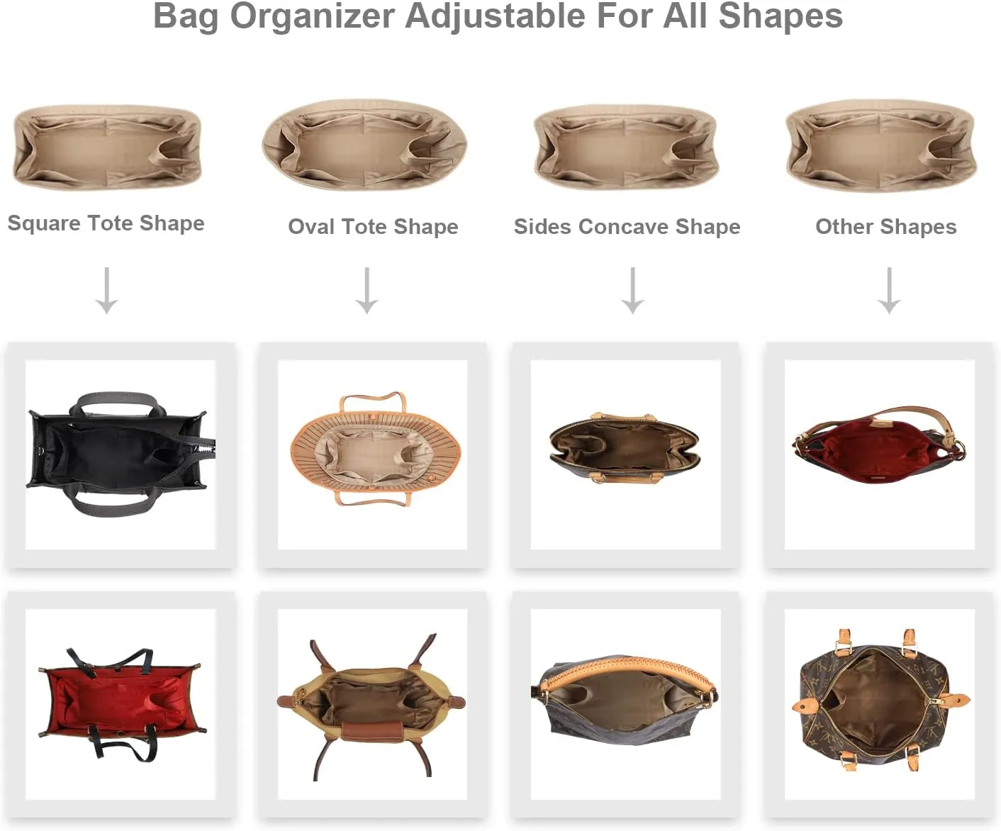 Purse Organizer Insert For Handbags, Silk Purse Organizer with Zipper, Silky Smooth, Bag Organizer For Speedy Neverfull Tote,onthego,Artsy, 6 Sizes(Large, Silky Beige)