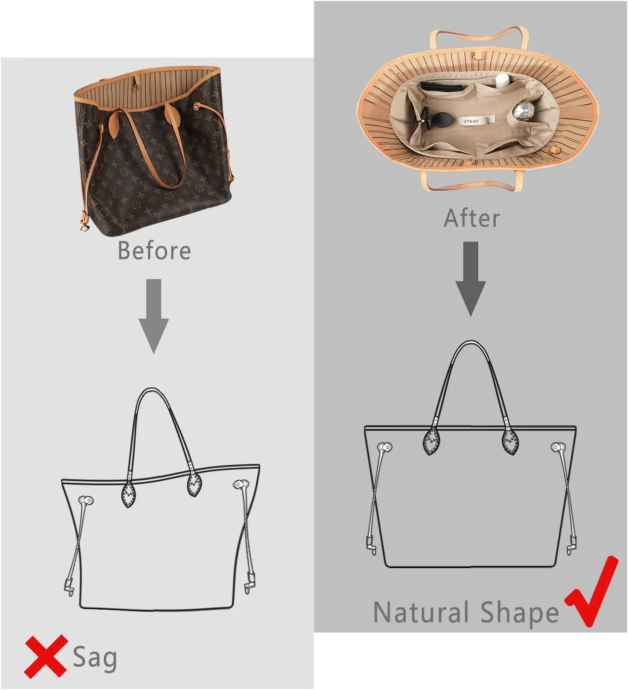 Purse Organizer Insert For Handbags, Silk Purse Organizer with Zipper, Silky Smooth, Bag Organizer For Speedy Neverfull Tote,onthego,Artsy, 6 Sizes(Large, Silky Beige)