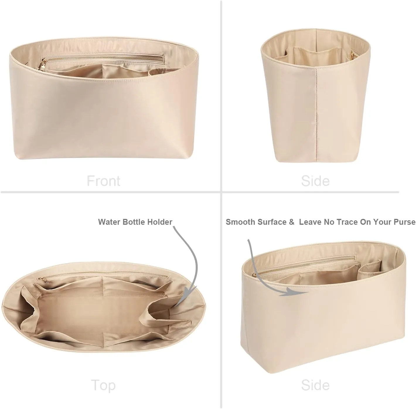 Purse Organizer Insert For Handbags, Silk Purse Organizer with Zipper, Silky Smooth, Bag Organizer For Speedy Neverfull Tote,onthego,Artsy, 6 Sizes(Large, Silky Beige)