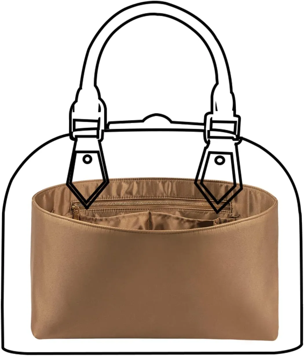 Purse Organizer Insert For Handbags, Silk Purse Organizer with Zipper, Silky Smooth, Bag Organizer For Speedy Neverfull Tote,onthego,Artsy, 6 Sizes(Medium, Silky Brown)