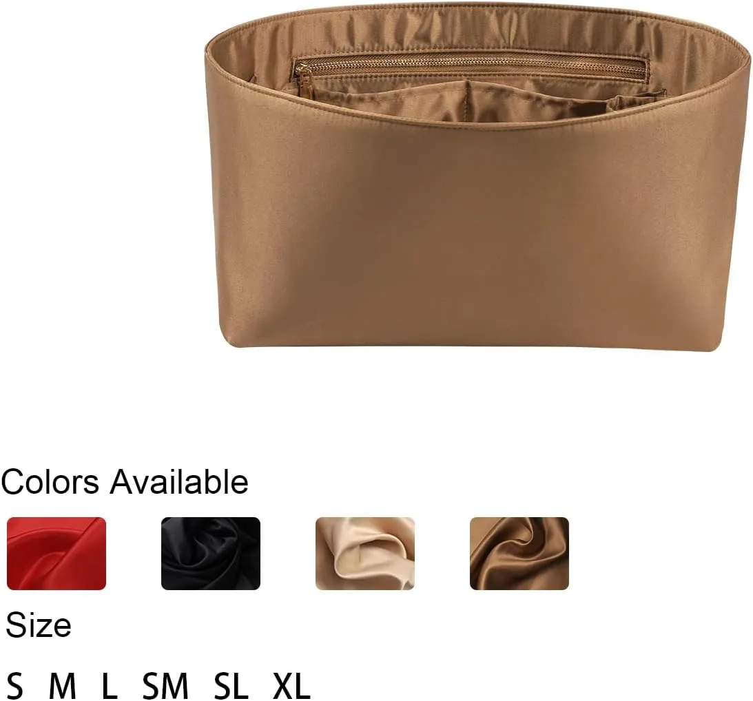 Purse Organizer Insert For Handbags, Silk Purse Organizer with Zipper, Silky Smooth, Bag Organizer For Speedy Neverfull Tote,onthego,Artsy, 6 Sizes(Medium, Silky Brown)