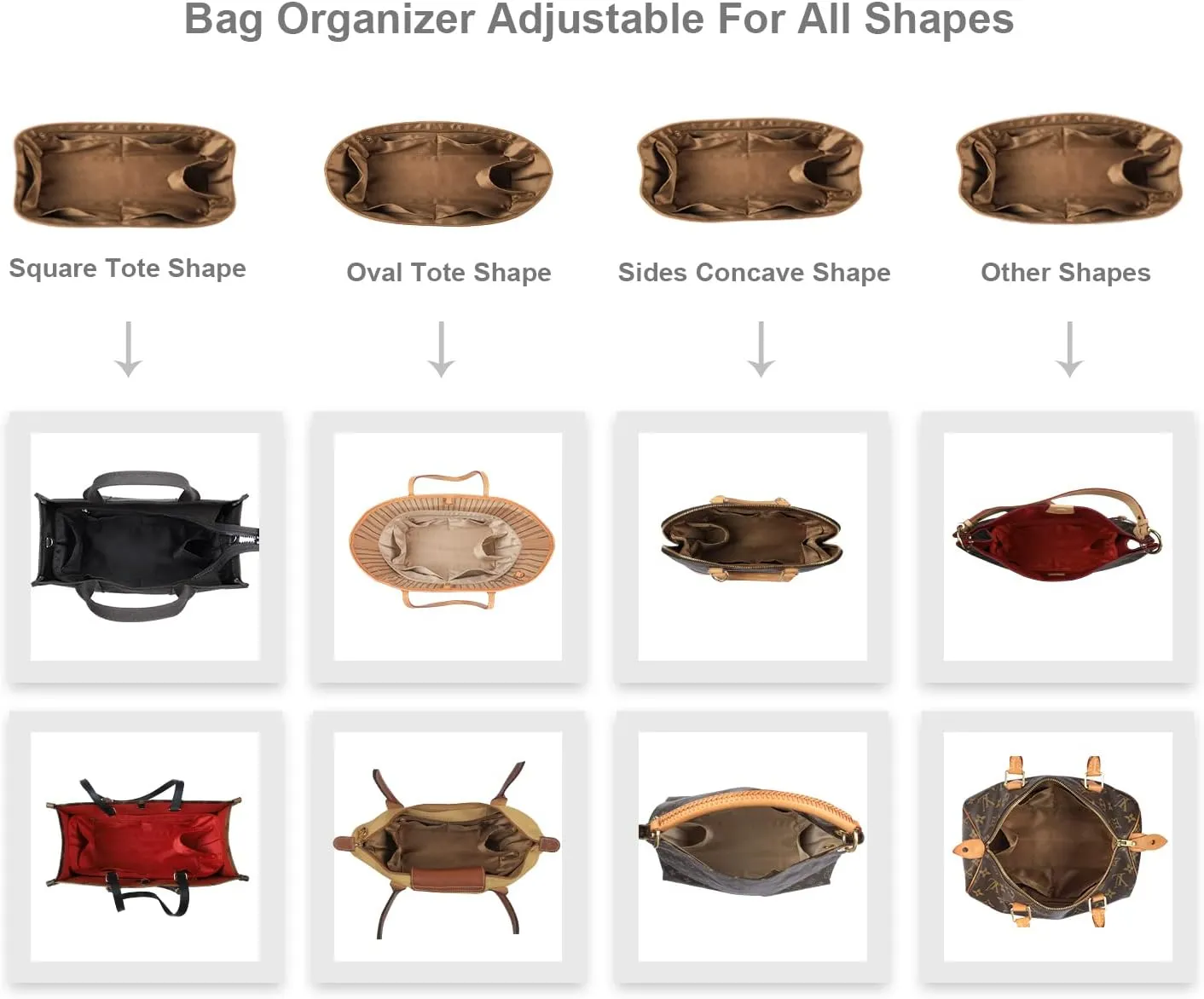 Purse Organizer Insert For Handbags, Silk Purse Organizer with Zipper, Silky Smooth, Bag Organizer For Speedy Neverfull Tote,onthego,Artsy, 6 Sizes(Medium, Silky Brown)