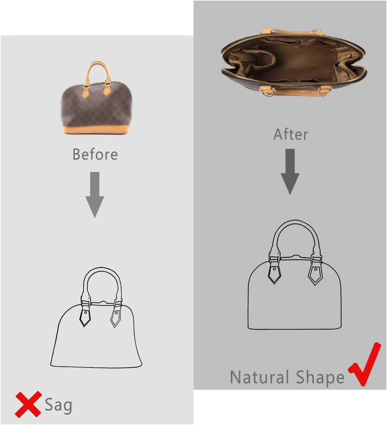 Purse Organizer Insert For Handbags, Silk Purse Organizer with Zipper, Silky Smooth, Bag Organizer For Speedy Neverfull Tote,onthego,Artsy, 6 Sizes(Medium, Silky Brown)