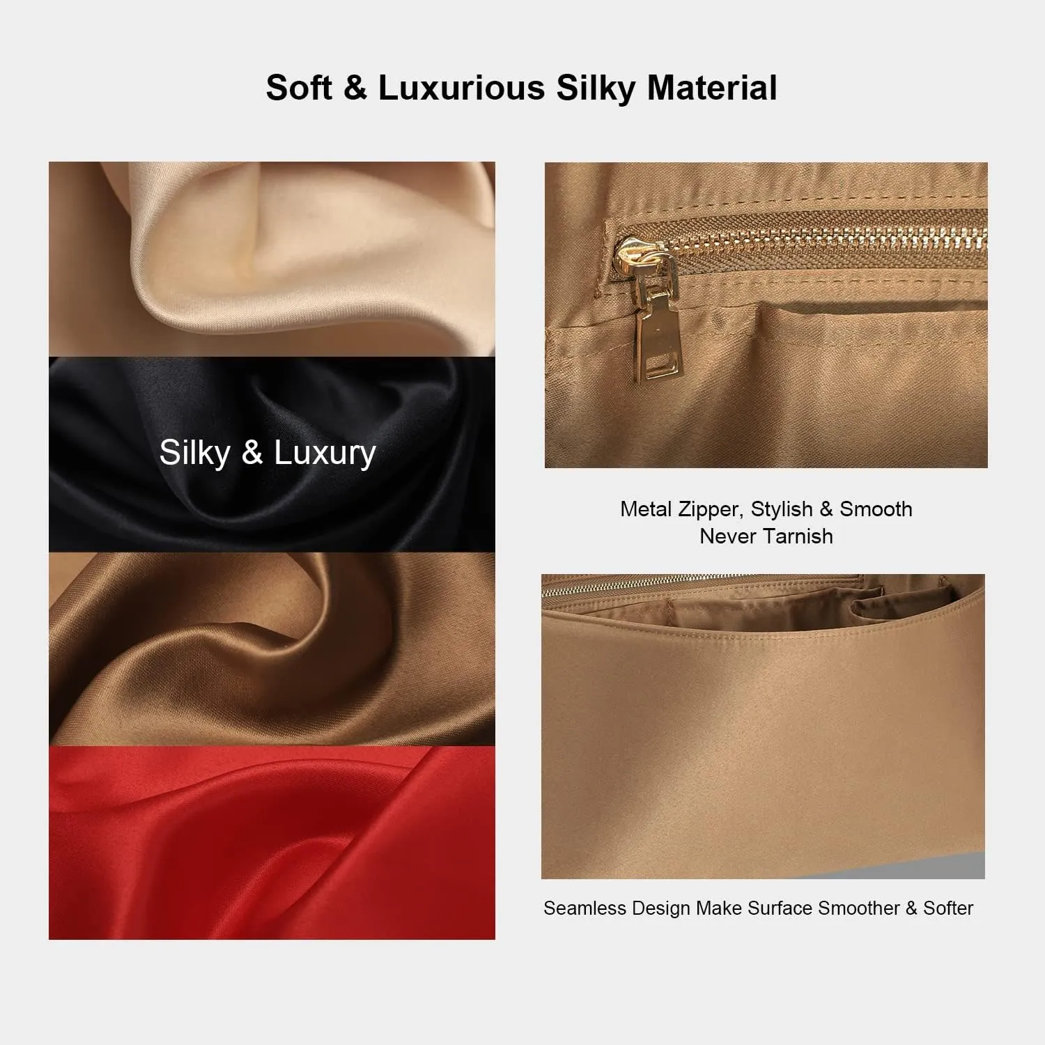 Purse Organizer Insert For Handbags, Silk Purse Organizer with Zipper, Silky Smooth, Bag Organizer For Speedy Neverfull Tote,onthego,Artsy, 6 Sizes(Small,Silky Brown)