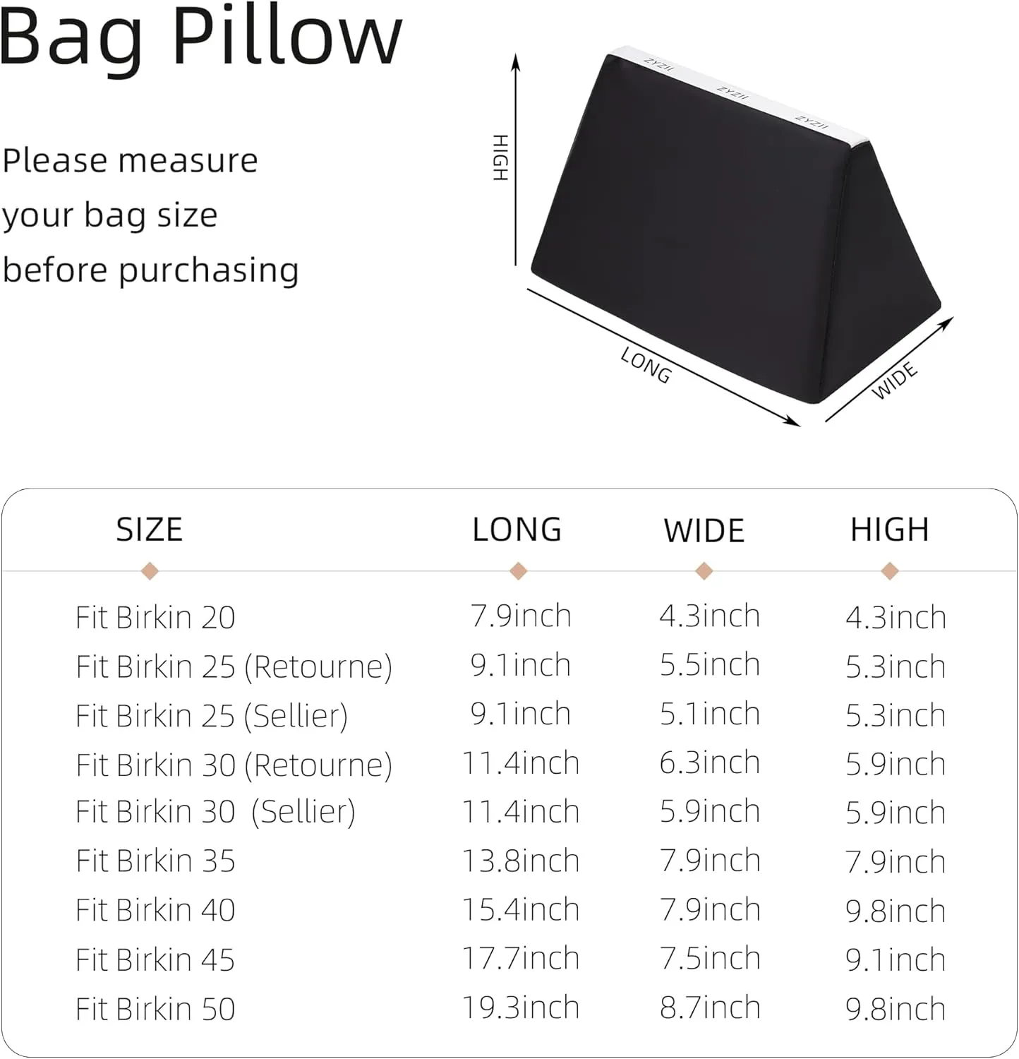 Purse Pillow for Birkin 20/25/30/35/40/45/50,Memory Foam Shaper Insert,Silky Bag Pillow for Luxury Handbag Tote（Black,BK25 Retourne）