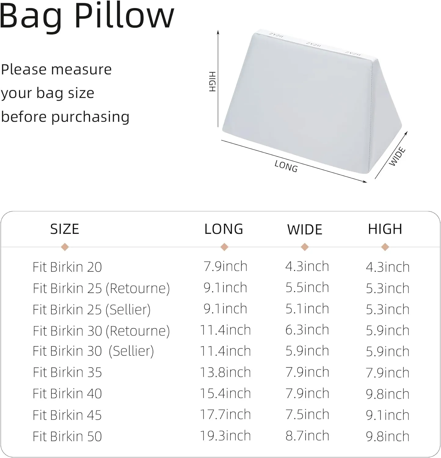 Purse Pillow for Birkin 20/25/30/35/40/45/50,Memory Foam Shaper Insert,Silky Bag Pillow for Luxury Handbag Tote（Blue Pale,BK25 Retourne）