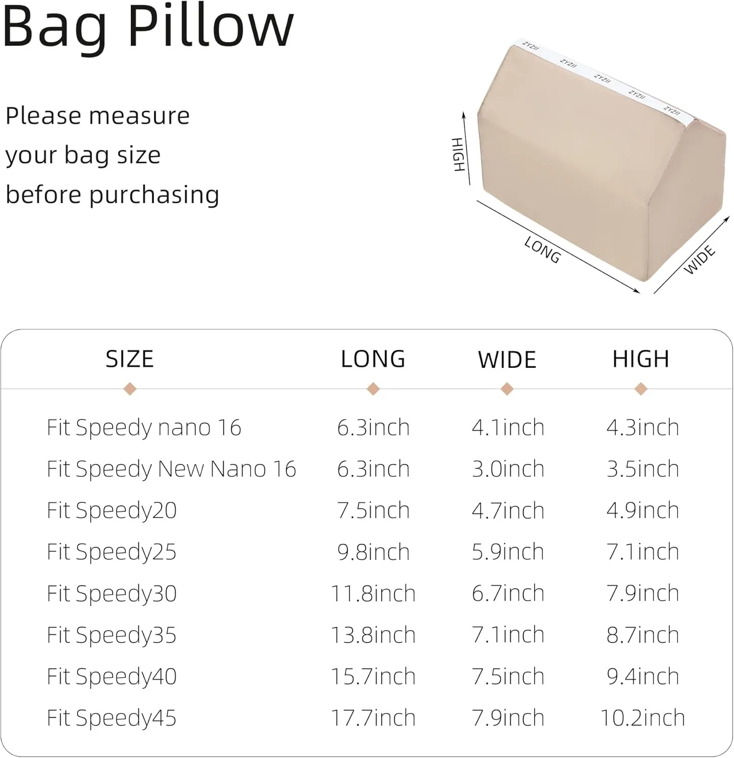 Purse Pillow for LV Speedy Nano16/20/25/30/35/45,Memory Foam Shaper Insert,Silky Bag Pillow for Luxury Handbag Tote(Speedy25,Champagne)
