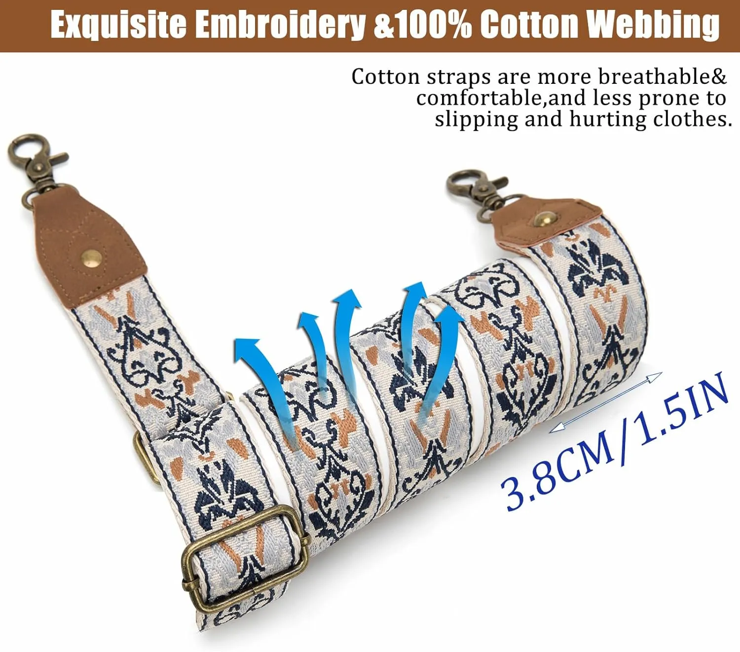 Purse Strap, 1.5" Cowhide Head Wide Shoulder Strap Adjustable Replacement,Jacquard Embroidery Crossbody Bag Straps
