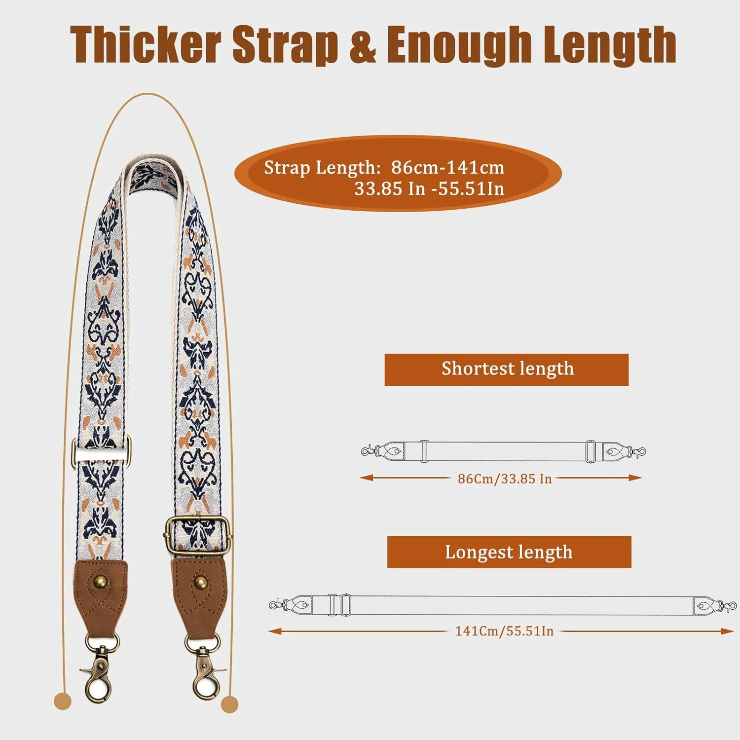Purse Strap, 1.5" Cowhide Head Wide Shoulder Strap Adjustable Replacement,Jacquard Embroidery Crossbody Bag Straps