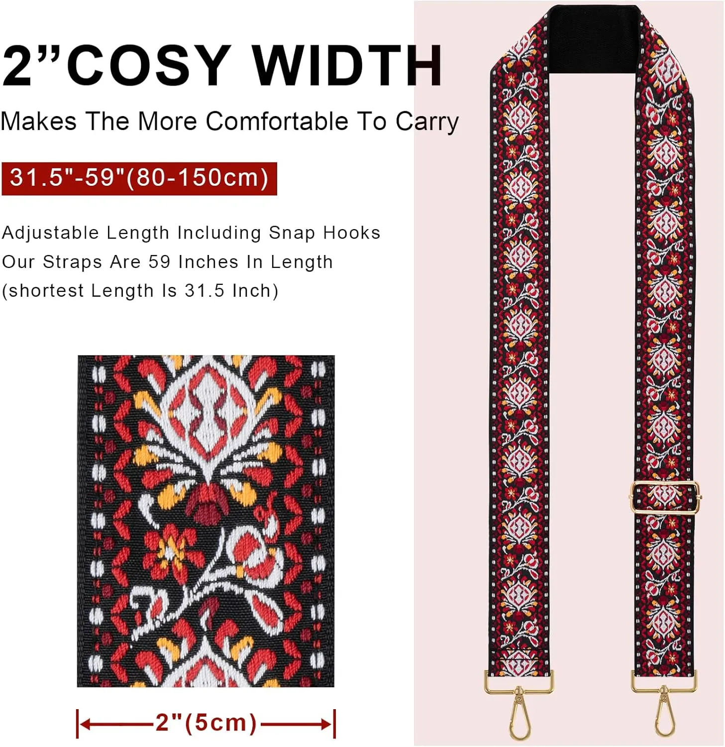Purse Strap Crossbody, 2" Bag Straps Replacement for Purses, Embroidered Wide Shoulder Strap for Handbag