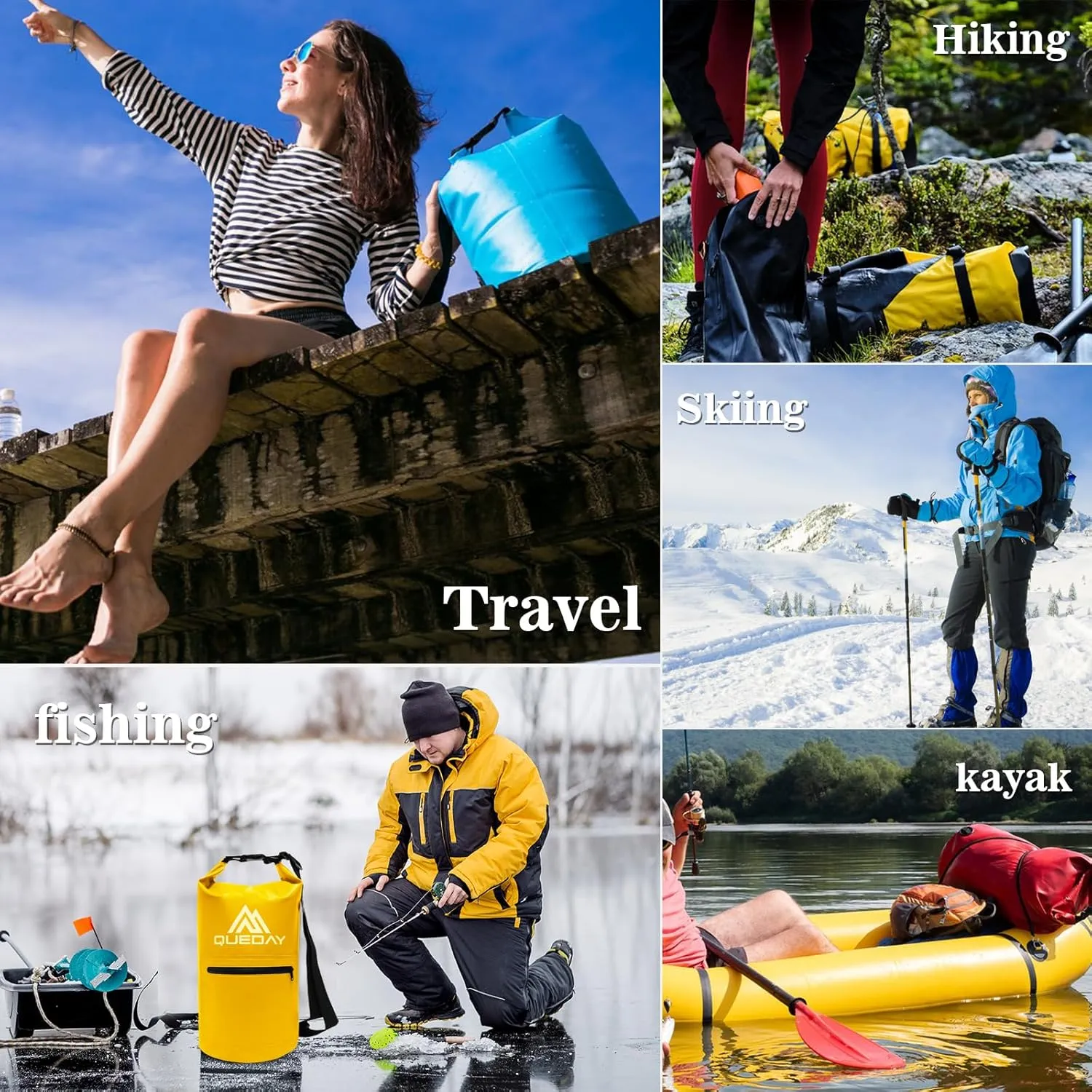 Queday Waterproof Dry Bag with Front Zippered Pocket for Women Men, 20L Roll Top Lightweight Dry Storage Bag Backpack for Travel, Kayaking, Boating, Rafting, Camping, Hiking & Beach Black