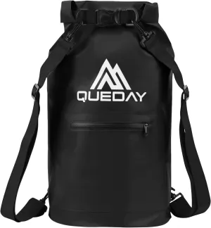 Queday Waterproof Dry Bag with Front Zippered Pocket for Women Men, 20L Roll Top Lightweight Dry Storage Bag Backpack for Travel, Kayaking, Boating, Rafting, Camping, Hiking & Beach Black