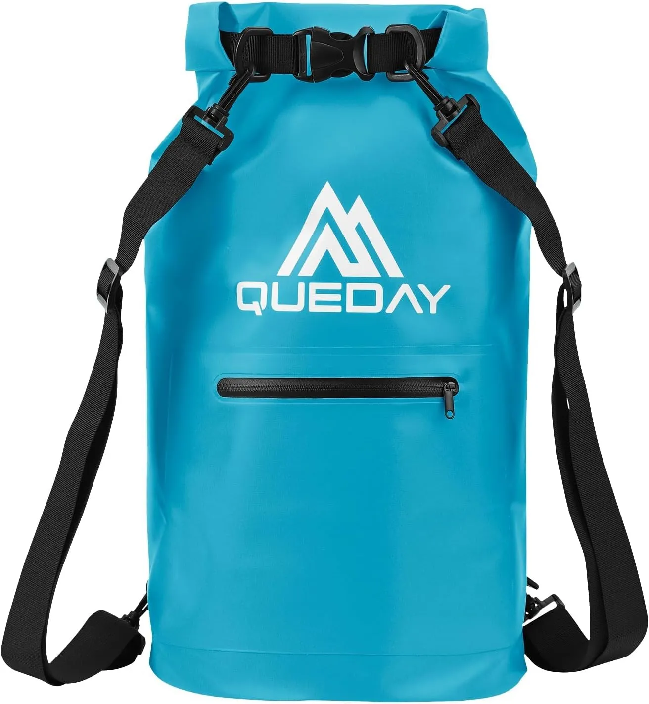 Queday Waterproof Dry Bag with Front Zippered Pocket for Women Men, 20L Roll Top Lightweight Dry Storage Bag Backpack for Travel, Kayaking, Boating, Rafting, Camping, Hiking & Beach Blue