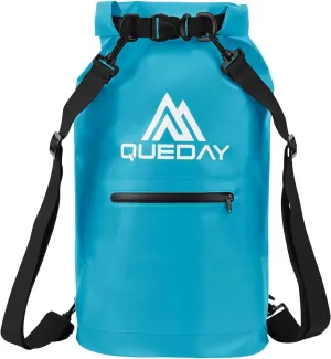 Queday Waterproof Dry Bag with Front Zippered Pocket for Women Men, 20L Roll Top Lightweight Dry Storage Bag Backpack for Travel, Kayaking, Boating, Rafting, Camping, Hiking & Beach Blue
