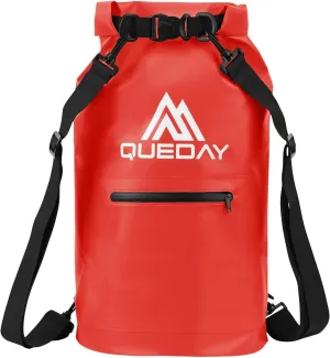 Queday Waterproof Dry Bag with Front Zippered Pocket for Women Men, 20L Roll Top Lightweight Dry Storage Bag Backpack for Travel, Kayaking, Boating, Rafting, Camping, Hiking & Beach Red