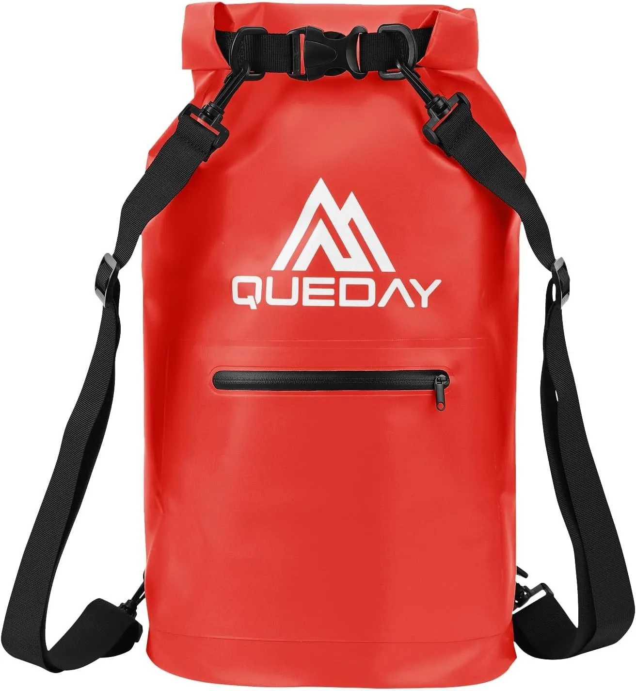 Queday Waterproof Dry Bag with Front Zippered Pocket for Women Men, 20L Roll Top Lightweight Dry Storage Bag Backpack for Travel, Kayaking, Boating, Rafting, Camping, Hiking & Beach Red