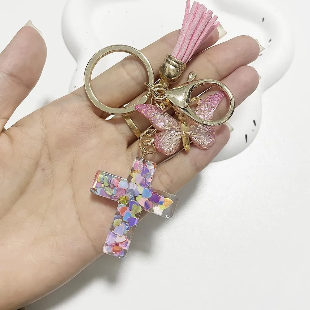 Rhinestone Cross Butterfly Keychain for Women Gold Handbag Bling Personalized Keyring Purse Wallet