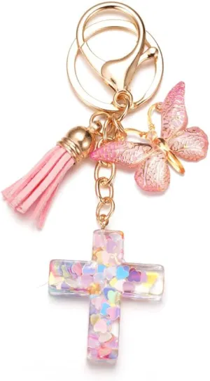 Rhinestone Cross Butterfly Keychain for Women Gold Handbag Bling Personalized Keyring Purse Wallet