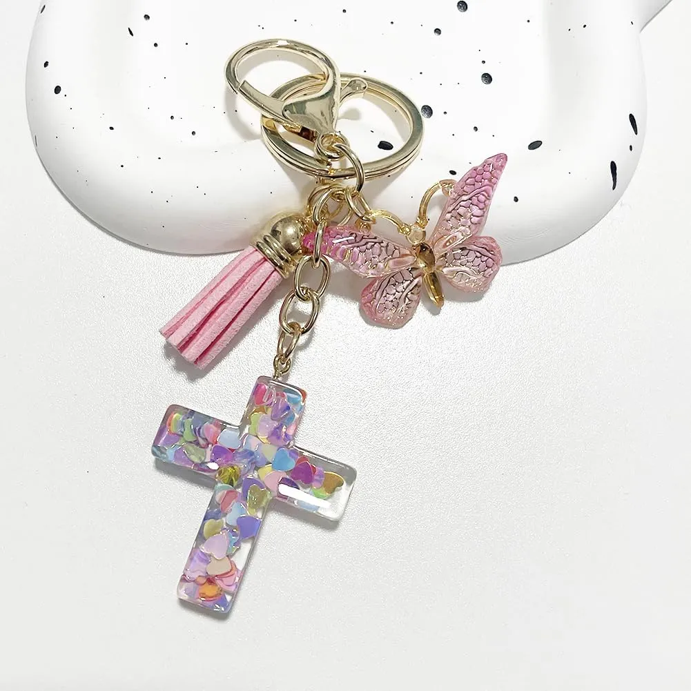 Rhinestone Cross Butterfly Keychain for Women Gold Handbag Bling Personalized Keyring Purse Wallet