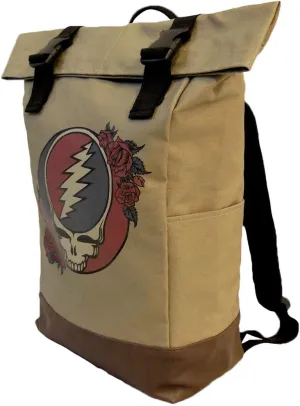 Ripple Junction Grateful Dead Canvas Roll Top Backpack Bag w/Vegan Leather Reinforced Bottom Dual Adjustable Shoulder Straps Steal Your Face Logo Officially Licensed