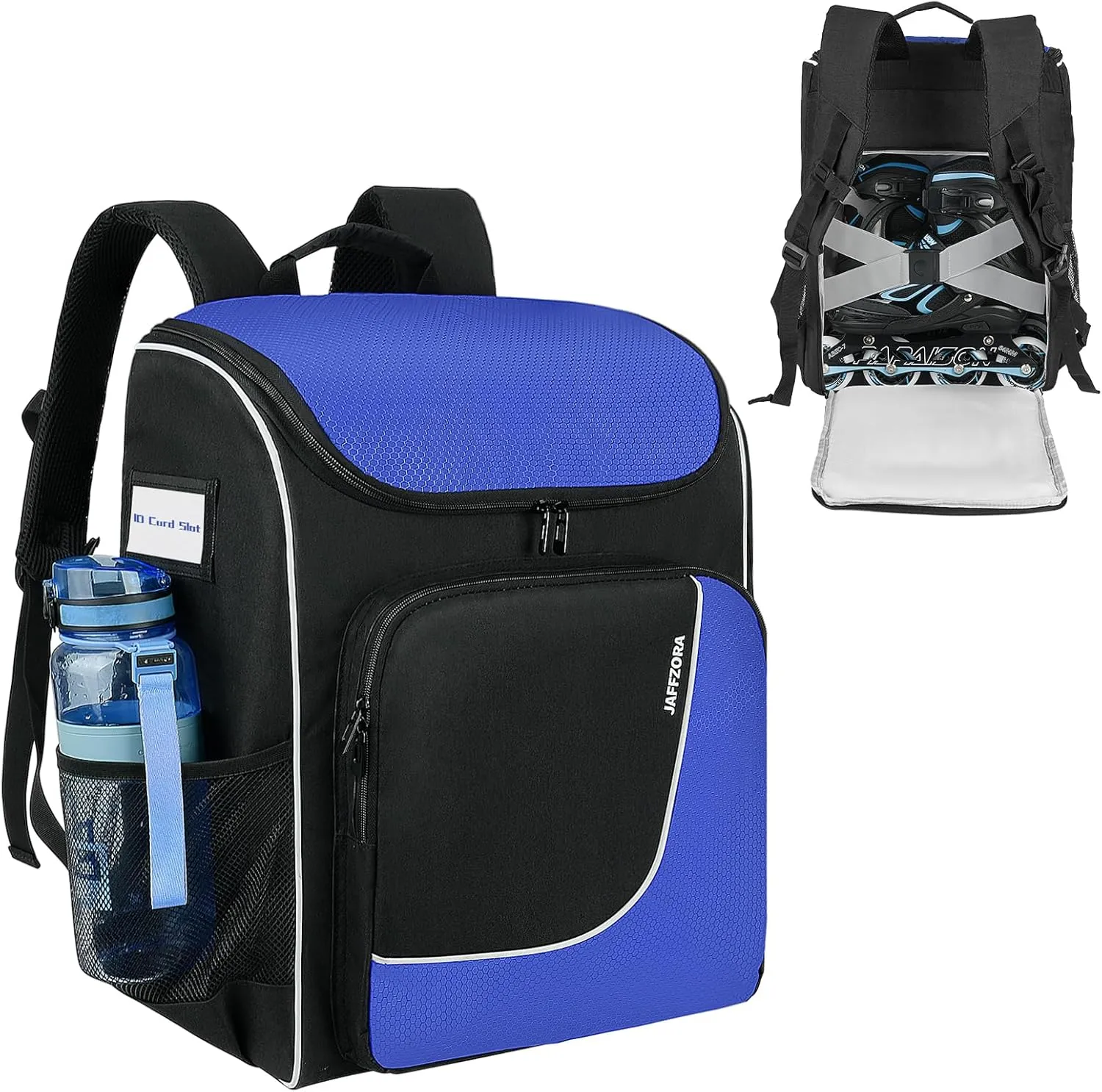 Roller Skate Bag, Ice Skate Backpack Fits Shoes Up to US Men Size 14, Figure Skating Bag with Multi-Pockets for Men, Black&Blue