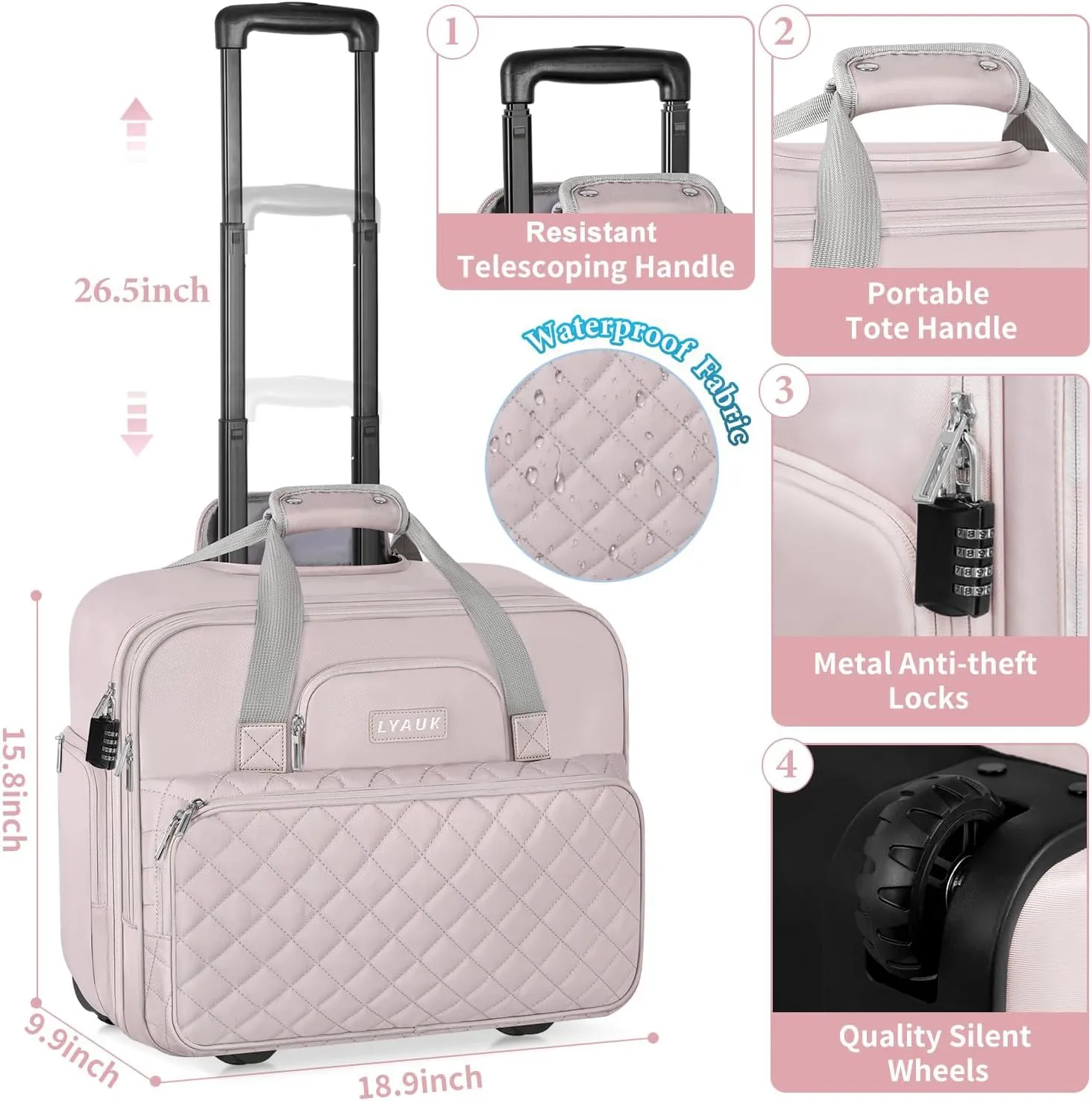 Rolling Laptop Bag for Women, 17.3 inch Anti Theft Briefcase with Wheels, Water Resistant Overnight Computer Bag Carry On for Travel/Work/Business, Pink