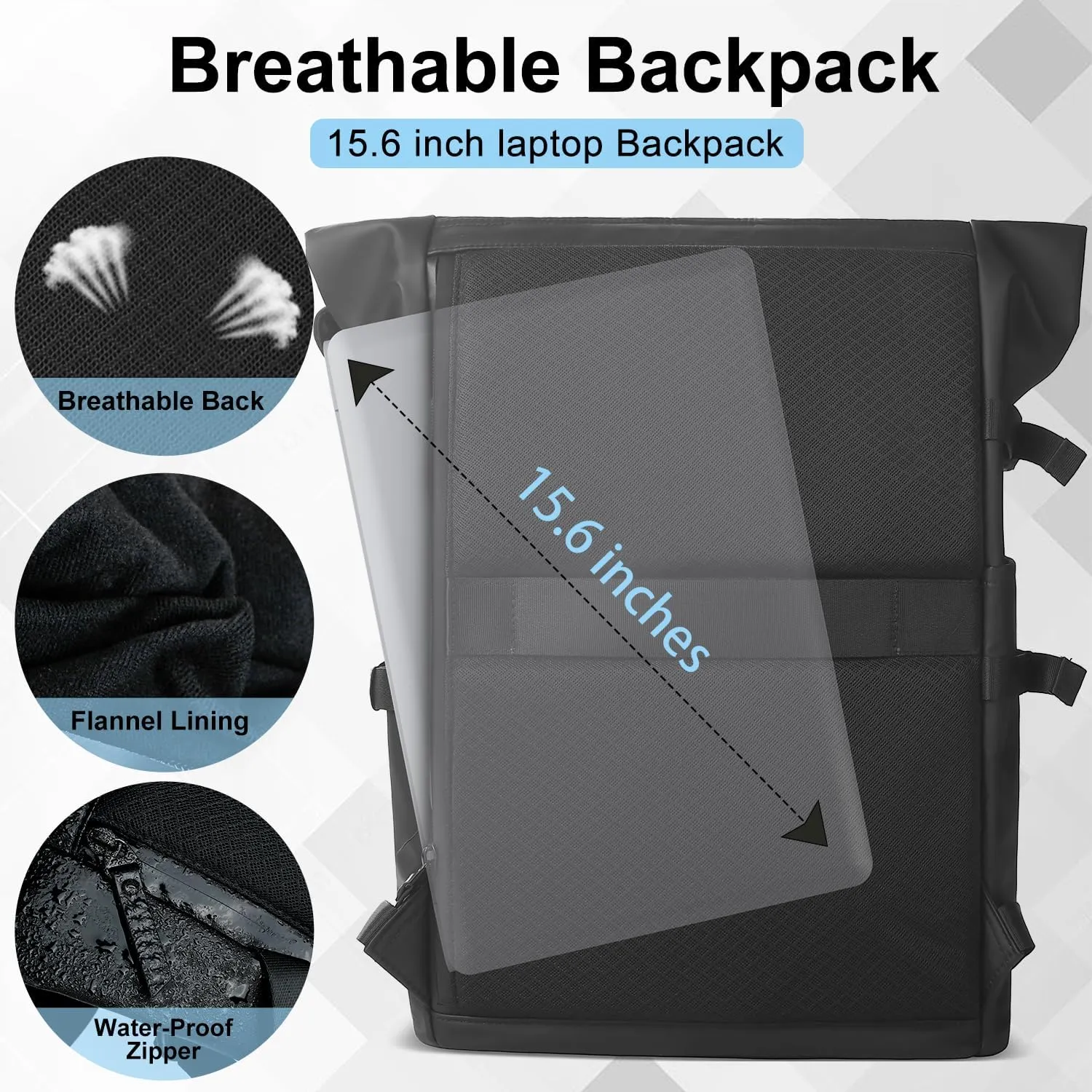 Rolltop Backpack with Laptop Compartment for 15.6 Inch Computer, Waterproof Anti-Theft Laptop Backpack for Men and Women, Expandable 18-27L Roll Top Backpack for Work Business Travel College -Black