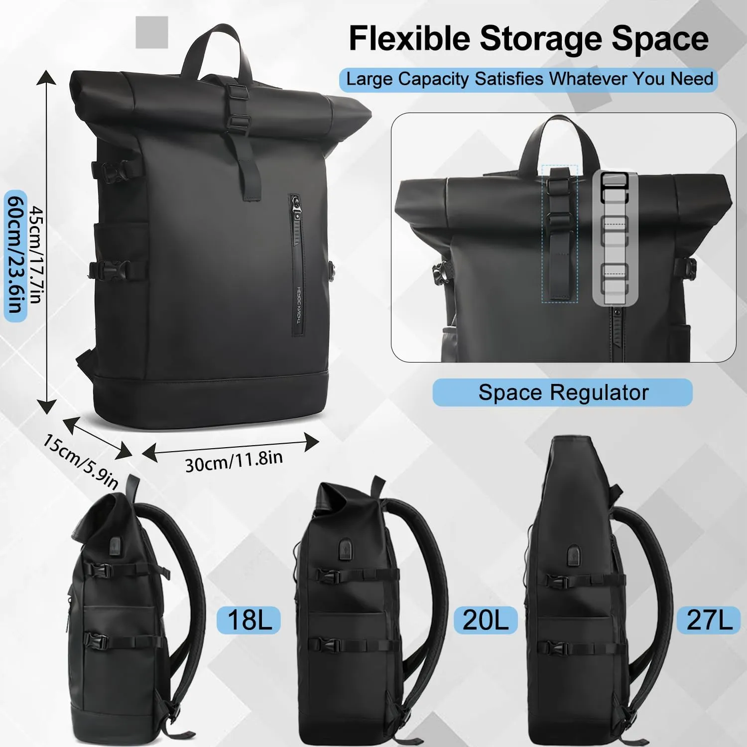 Rolltop Backpack with Laptop Compartment for 15.6 Inch Computer, Waterproof Anti-Theft Laptop Backpack for Men and Women, Expandable 18-27L Roll Top Backpack for Work Business Travel College -Black