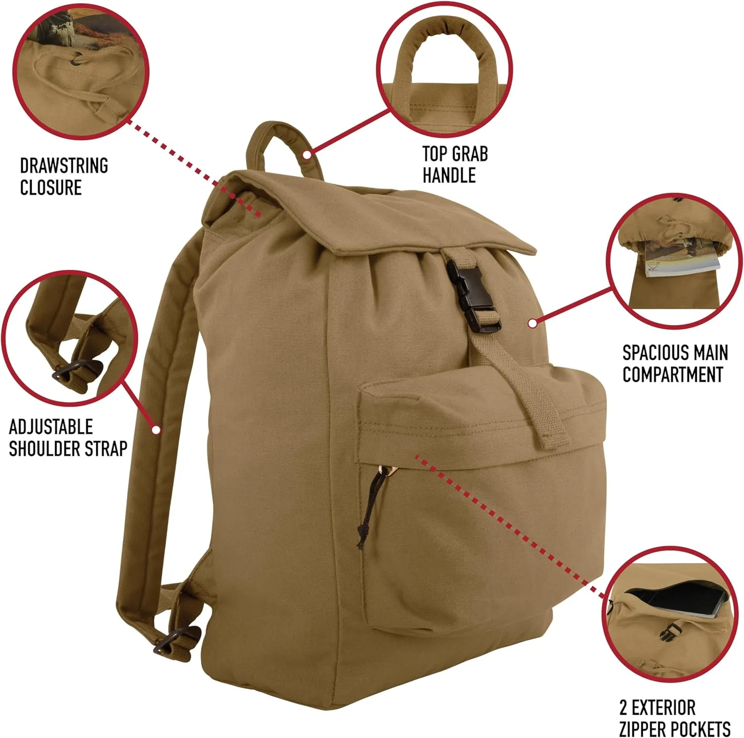 Rothco Canvas Daypack – Heavy-Duty Cotton Canvas Backpack for Hiking, Camping, Traveling, and Daily Use – 34L Capacity