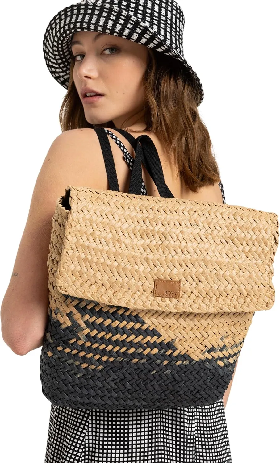 Roxy Women's Stylish Durable Straw Backpack with Adjustable, Mysterious Boardwalk-Natural/Black with Woven Strap, One Size