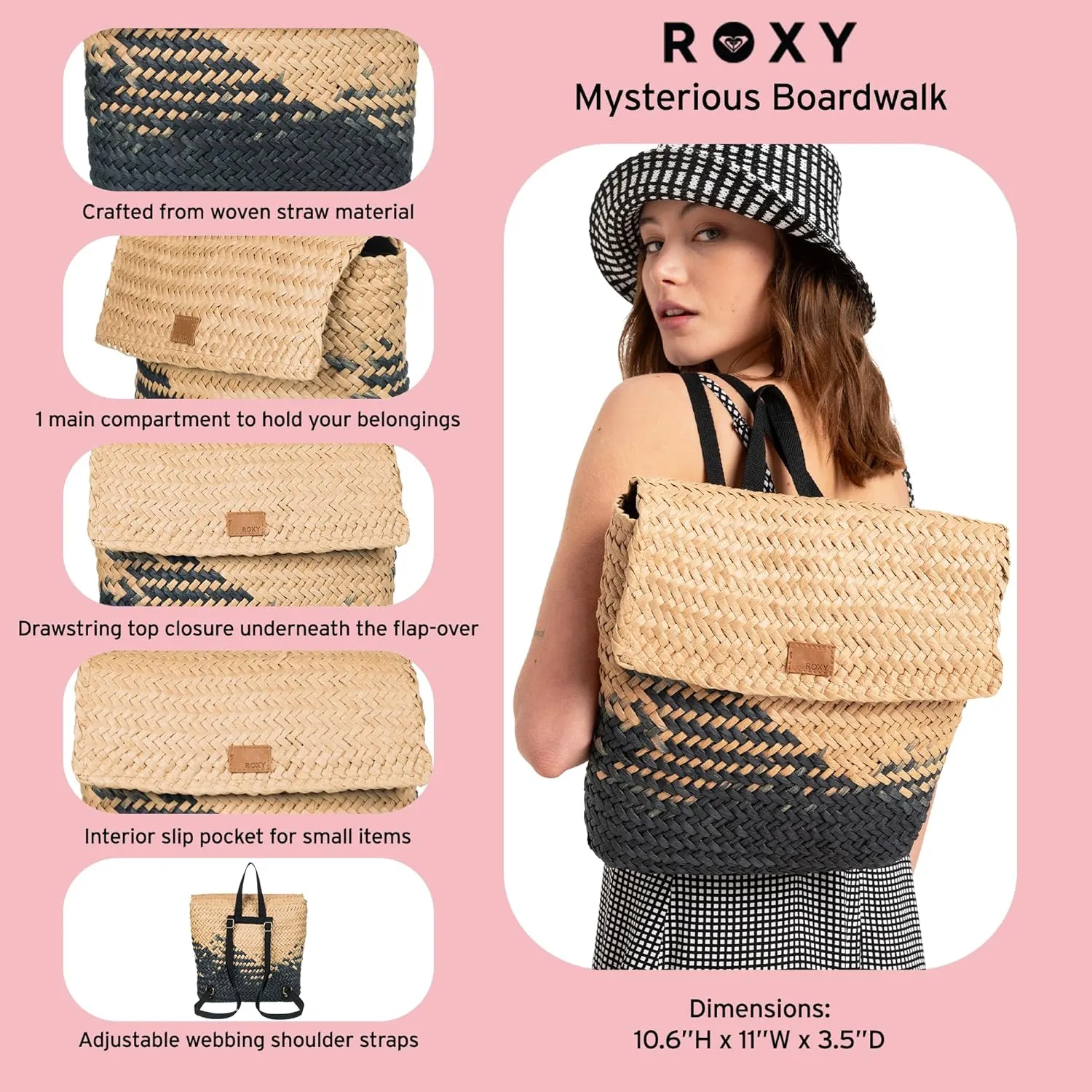 Roxy Women's Stylish Durable Straw Backpack with Adjustable, Mysterious Boardwalk-Natural/Black with Woven Strap, One Size