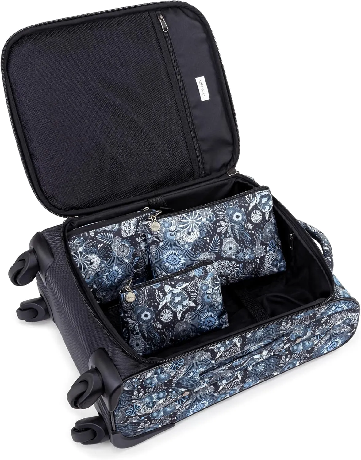 Sakroots On the Go 4 Piece Travel Bundle, Includes 21" Rolling Suitcase, Packable Large Tote, Medium & Small Pouches