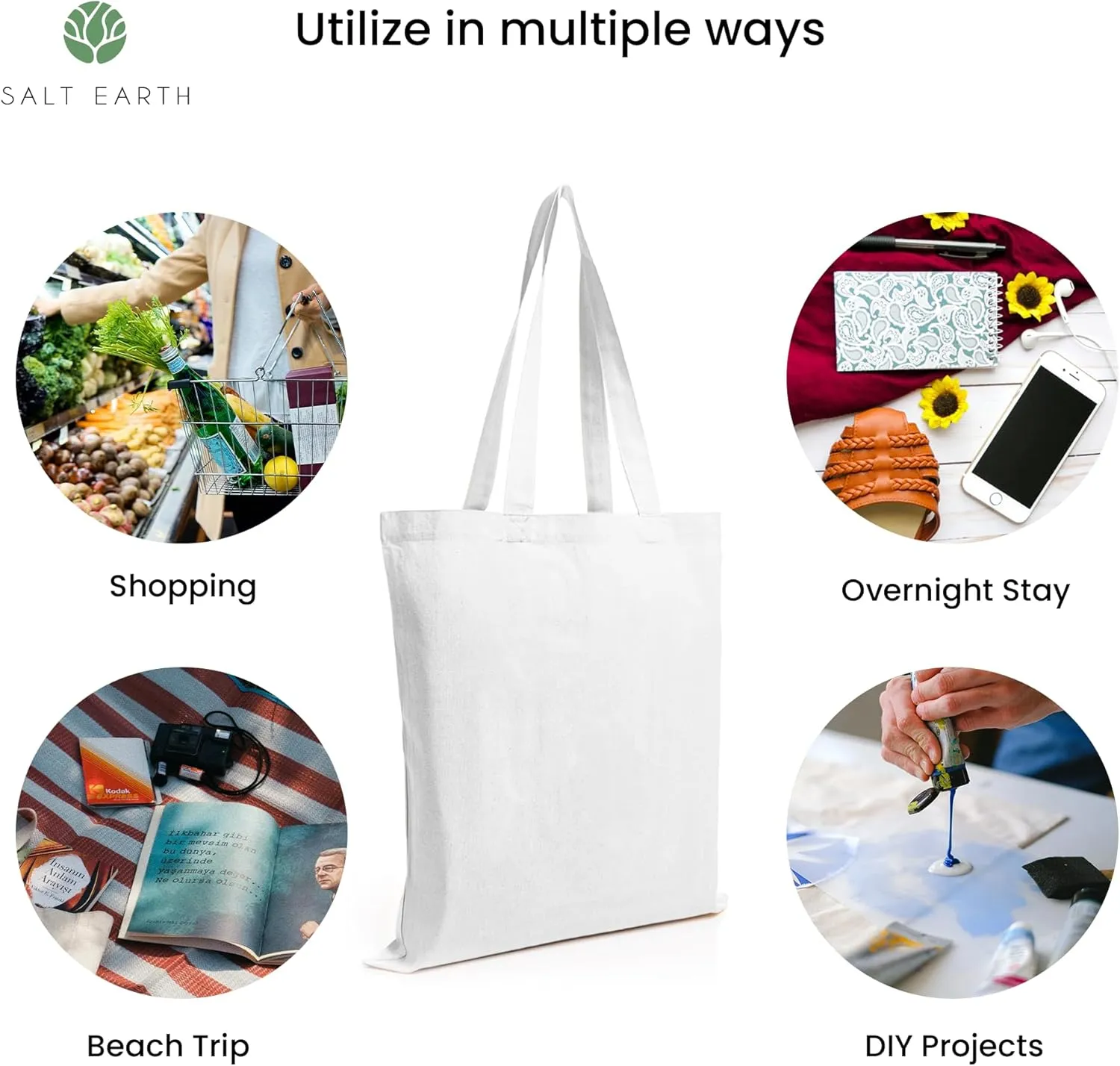 Salt Earth Pack of 5 | 6 | 12 | 24 | 48 – 100% Cotton Reusable Tote Bags – Bulk Grocery, Shopping, DIY, Beach & Gift Use