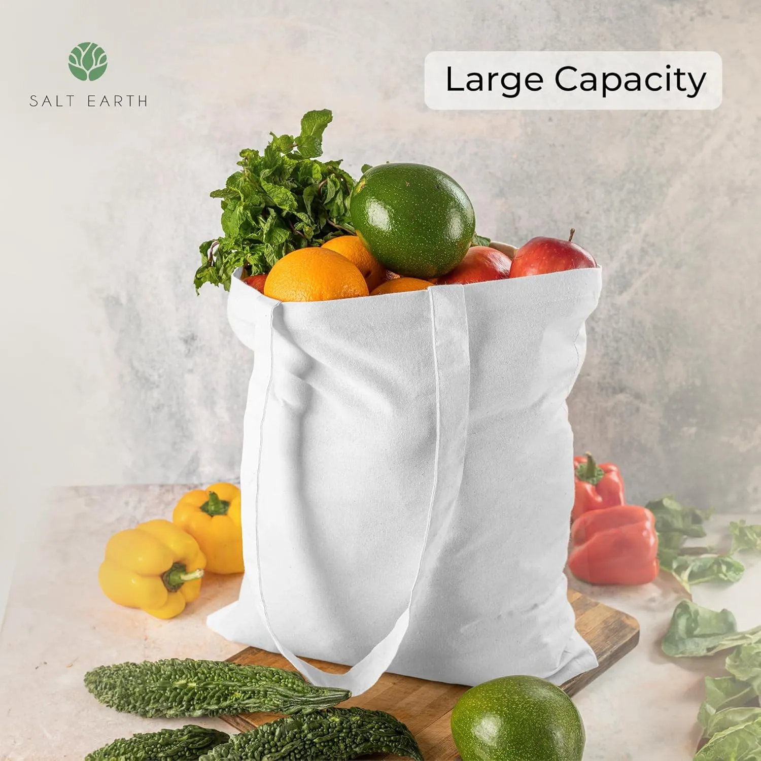 Salt Earth Pack of 5 | 6 | 12 | 24 | 48 – 100% Cotton Reusable Tote Bags – Bulk Grocery, Shopping, DIY, Beach & Gift Use
