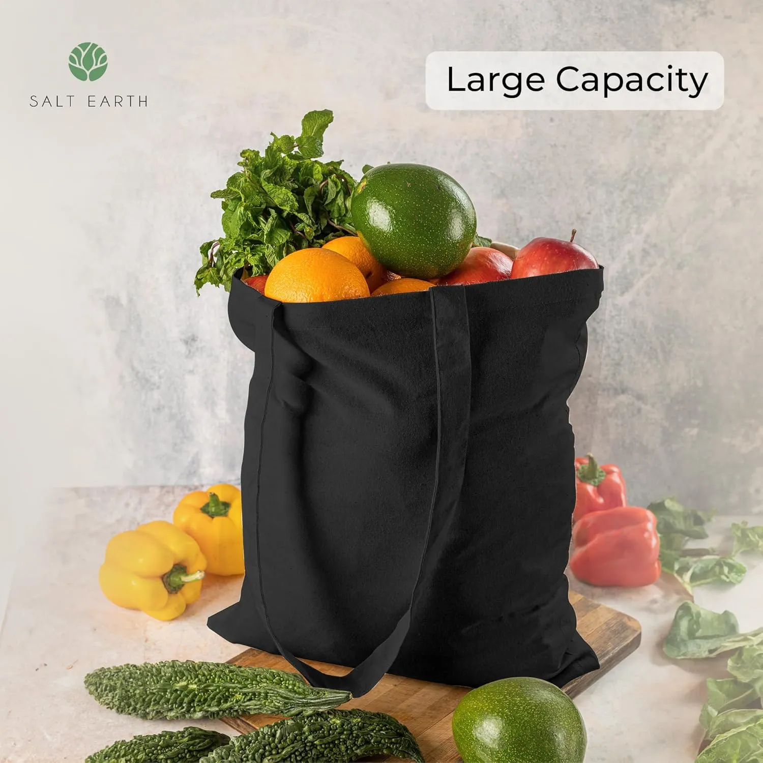 Salt Earth Pack of 5 | 6 | 12 | 24 | 48 – 100% Cotton Reusable Tote Bags – Bulk Grocery, Shopping, DIY, Beach & Gift Use