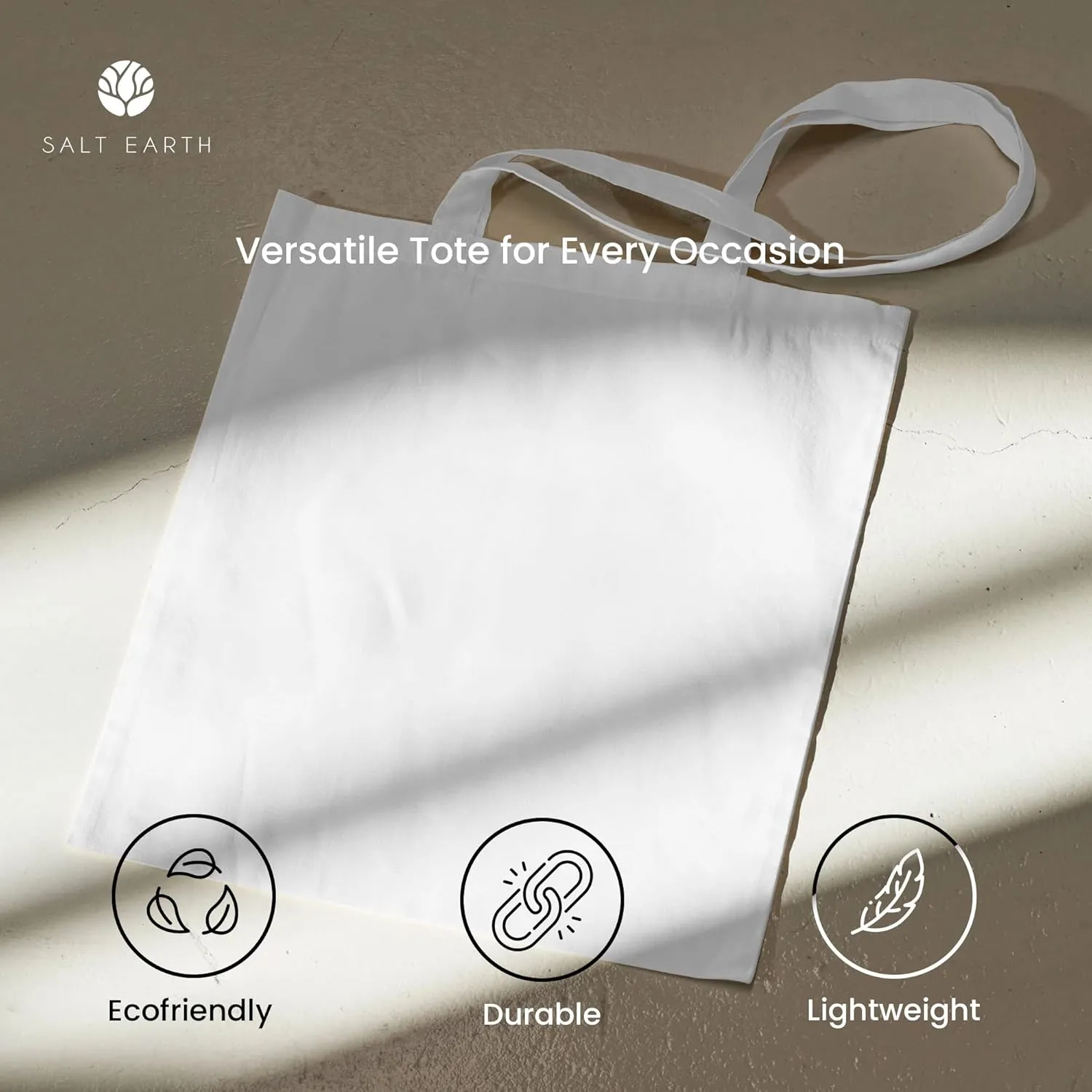 Salt Earth Pack of 5 | 6 | 12 | 24 | 48 – 100% Cotton Reusable Tote Bags – Bulk Grocery, Shopping, DIY, Beach & Gift Use