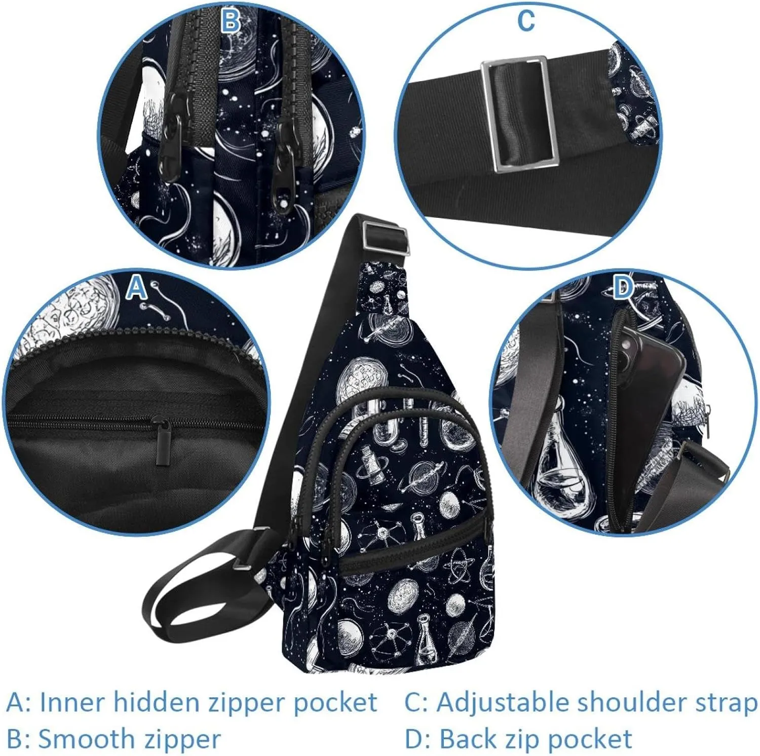 science vector Crossbody Bag with Adjustable Shoulder Strap, Shoulder Bag for Men and Women Sling Backpack for Travel, Cycling, Work, Sport