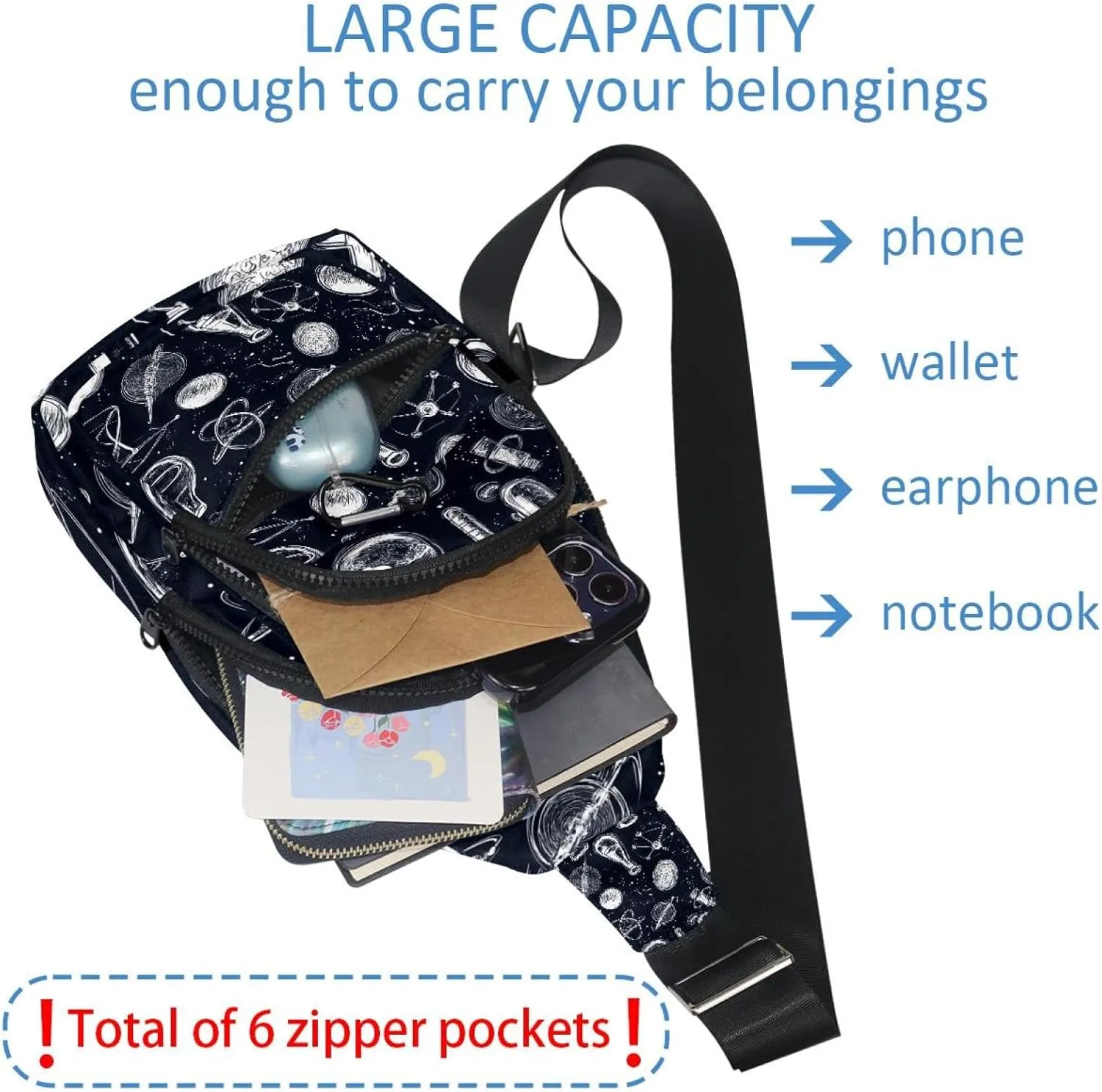 science vector Crossbody Bag with Adjustable Shoulder Strap, Shoulder Bag for Men and Women Sling Backpack for Travel, Cycling, Work, Sport