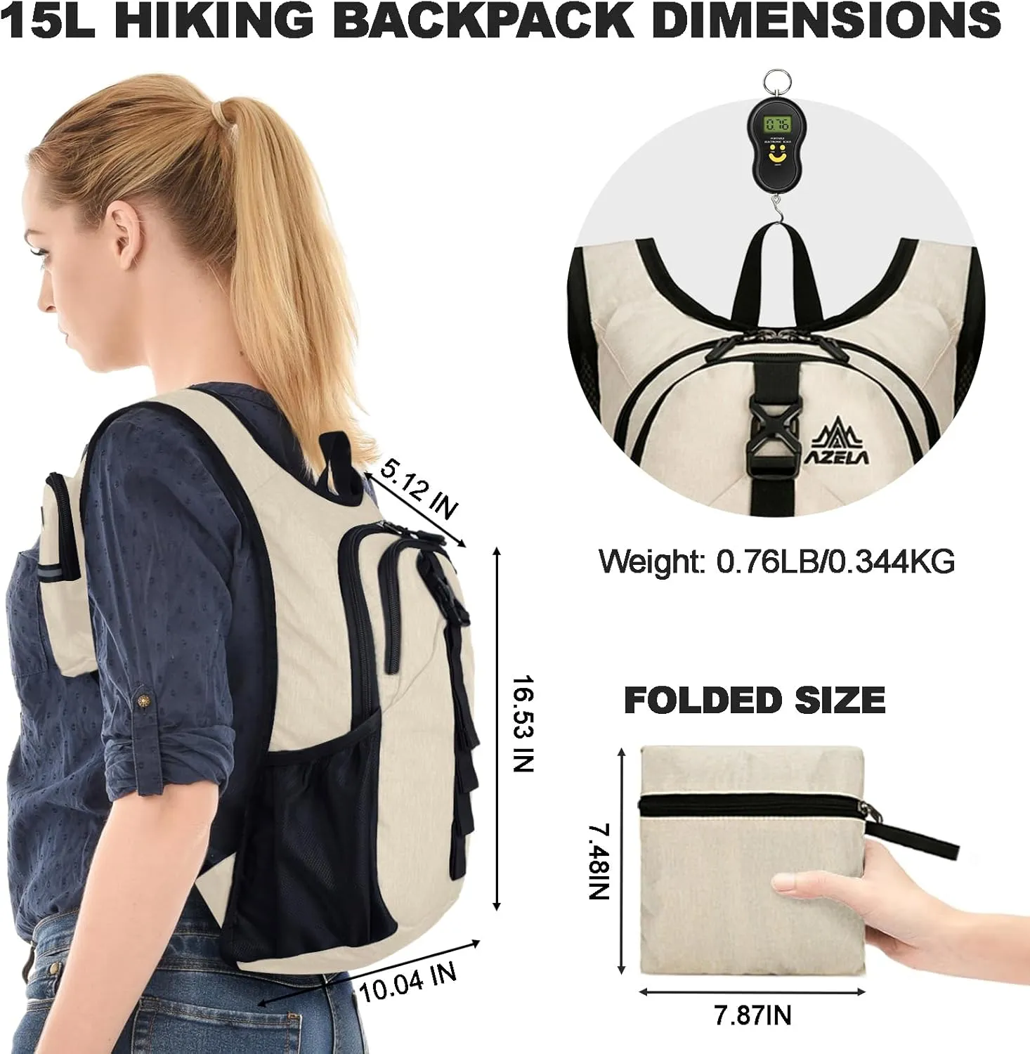 Seektop 15L Small Hiking Backpack for Women Men, Foldable Packable Backpack with Phone Pocket, Lightweight Travel Daypack for Hiking Camping Outdoor (Beige)